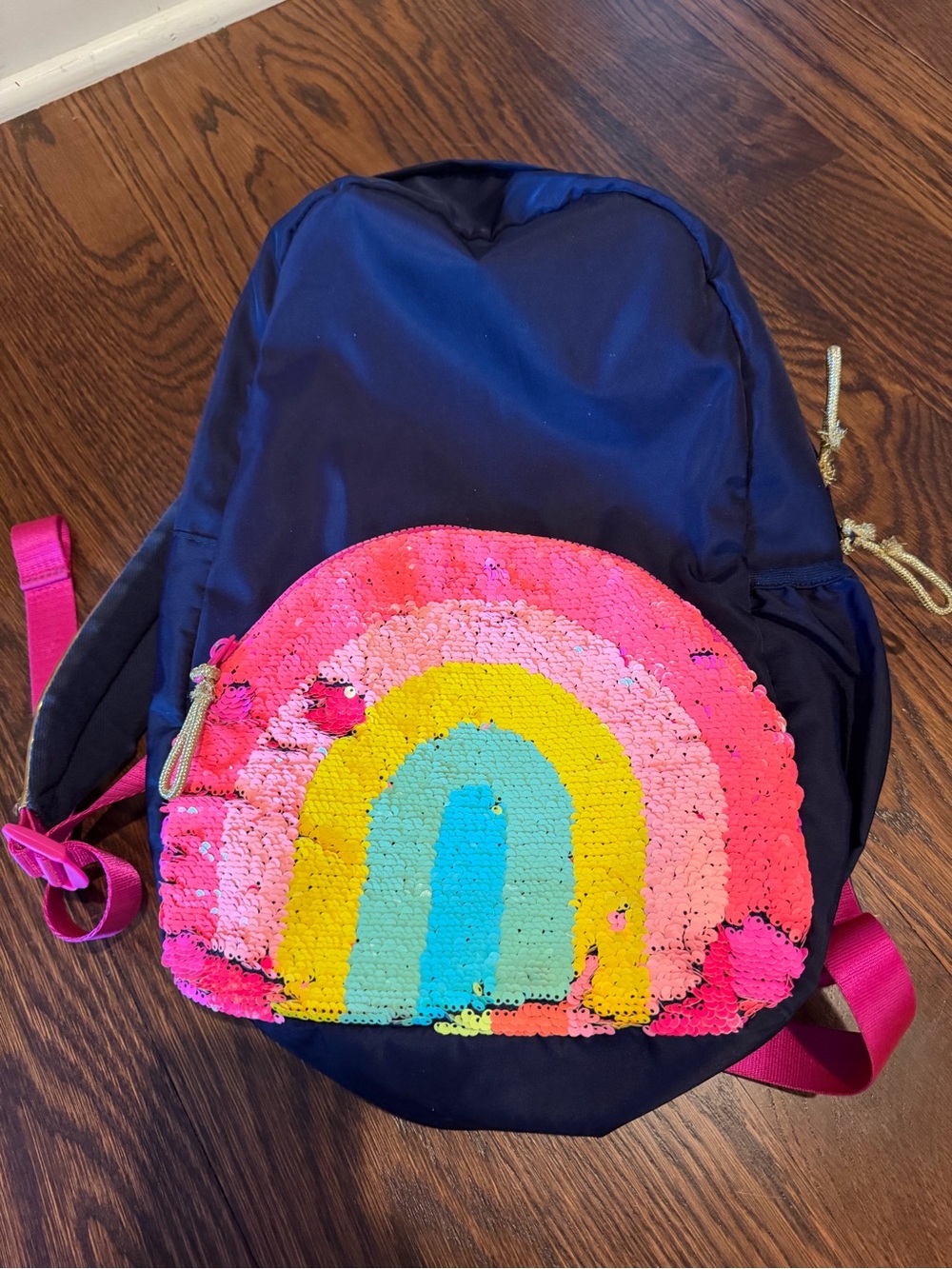 Kids Navy Backpack with Pink Sequin Rainbow Pocket- j crew kids backpack
